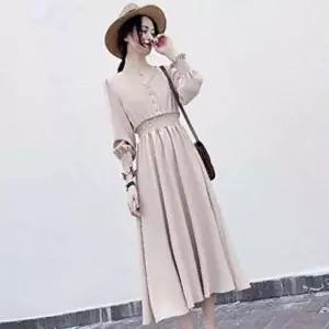 사이즈 신축성 롱 미허리 좋음 셔링 원피스 무지-WD64BD6