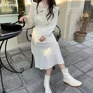 허리 잔잔한 원피스 청순한원피스 밴딩 플라워 패턴-WD649BF