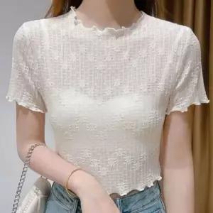 [하프클럽/]프릴 시스루 크롭 반팔 심플 주말룩 티