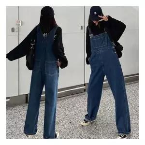 기타브랜드 여자 진청 멜빵바지 오버롤 데님 통바지 꾸안꾸