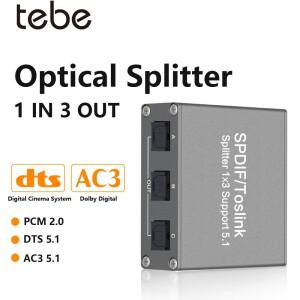 Tebe 디지털 오디오 분배기  1X3 Spdif Toslink 광학 3 방향 어댑터  LPCM 2.0 DTS Dolby-AC3 지원  플스호