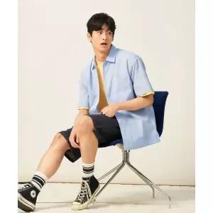 매장정품 빈폴 BEANPOLE MEN 강연 시어서커 변형 핀 스트라이프 오버핏 반소매 셔츠 블루 (BC5465C44P) BC5
