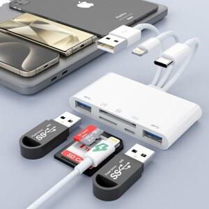 아이폰호환 IPAD용 5IN3 SD 카드 리더(USB A 및 충전 포트 포함) 라이트닝 + USB C TO 메모리 리더(아이폰호환 / ANDROID 애플호환 PC 태블릿 카메라 하드 디스크 플래시 드라이브 포함)