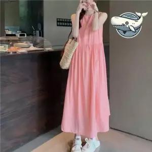 하객원피스 여름 데일리 핑크 롱 원피스 나시 민소매 리본