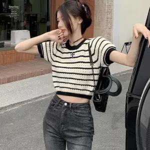 꽃잎 브로치 여성 스트라이프 크롭 반팔 니트 티셔츠
