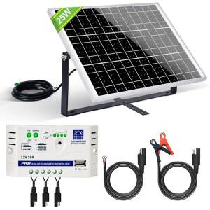 25와트 12V 오프 그리드 태양광 배터리 충전 키트: 방수 패널 + 조절식 마운트 브래킷 SAE 연결 케이블 자동차 RV 해양 보트 배터리용 10A 컨트롤러