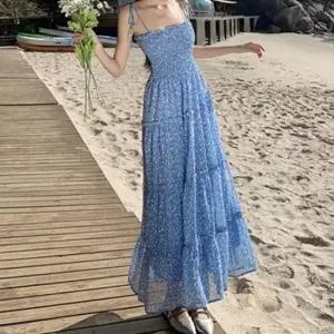 여름롱원피스 여자 휴양지바캉스룩 스모크밴딩 끈나시 플레어원피스