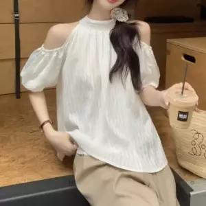 프릴블라우스 홀터넥 뒷리본 어깨트임 블라우스 세로 스트라이프