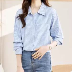 실크블라우스 여성 빅카라 스트라이프 패턴 데일리룩 셔츠 블라우스
