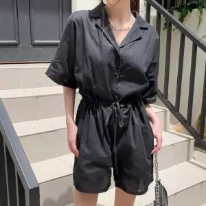 옷자락 여자 간절기 데일리 린넨 카라 반바지 점프슈트