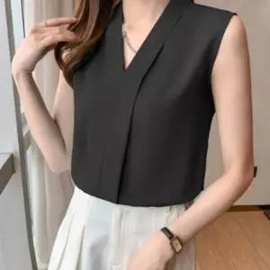 여성 브이넥 슬리브리스 민소매 셔츠 직장인 블라우스