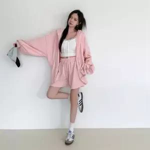 여자 캐주얼 루즈핏 후드 집업 반바지 트레이닝 세트