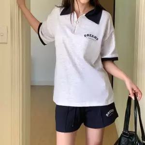 [하프클럽/]여자 캐주얼 루즈핏 카라 배색 아노락 반바지 여름 데일리 세트