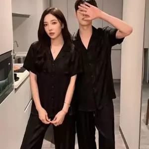 [하프클럽/]데일리 커플 잠옷 실크 반팔 스트라이프 홈웨어 세트