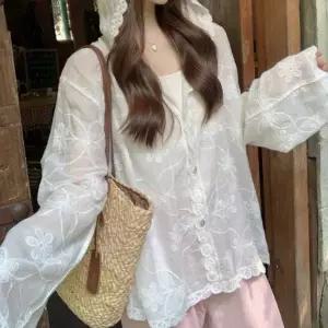 [하프클럽/]여름 펀칭 플라워 자수 후드 시스루 가디건 꽃무늬
