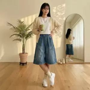 셀럽하우스 여성 2컬러 카고포켓 버뮤다 밴딩 청반바지 데님팬츠