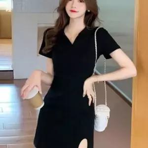 이쁘다요 외출 미니 반팔 브이 패션 카라 여성 라인 예쁜 룩 원피스 밑단 데이트 트임