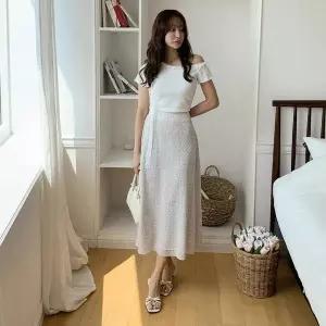 [하프클럽/]여성 귀여운 롱 레이어드 도트 백밴딩 스커트