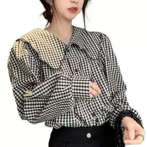 여자 빅카라 블라우스 캐주얼 패션 체크 셔츠 남방 하객룩블라우스 주름셔츠 (WFGEMCW)