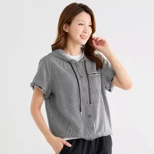 이브바바 여성 여름 쿨 인견 스트라이프 반팔 후드 셔츠 자켓 셔켓