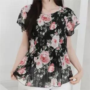 여성 플라워 블라우스 꽃무늬 라운드 여름 여성 쉬폰 블라우스 주름 원피스