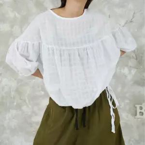 벅시루 여성 사각 체크패턴 시스루 스트링 여자 여름 반팔 블라우스