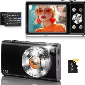 디지털 카메라 6배 줌 48MP 컴팩트 포인트 32GB SD 카드 배터리 2개로 0대 촬영용 유튜브 오토포커스 4K
