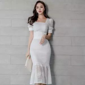 레이스투피스 반팔 크롭탑 머메이드 롱스커트 프릴