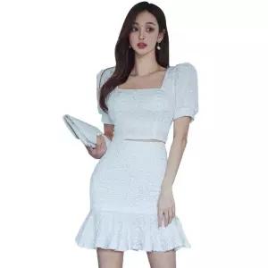 화이트투피스 크롭 반팔탑 미니스커트 스퀘어넥 스커트