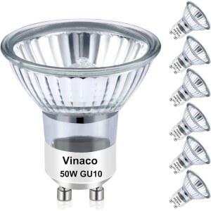비나코 할로겐 GU10+C 120V 50W 롱래스팅, 캔들 워머 램프 전구 50와트 따뜻한 흰색 2800K, 트랙 조명용 유리 커버 포함 디밍 가능한 MR16, 레인지 후드, 6팩