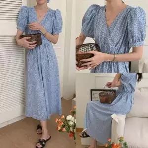 코디 브이넥 롱원피스 여대생코디 볼륨소매 플라워 랩-WD6496A