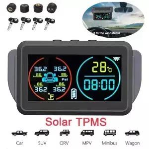 스마트 태양 광 발전 TPMS 자동차 어 압력 모니터링 시스템 알람 공기 측정기 게이지 온도 경고 4 센서