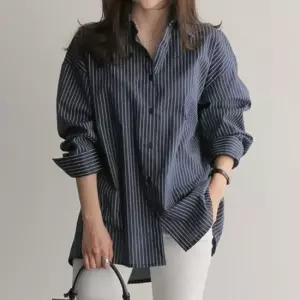 친절한탄씨 셔츠 스트라이프 출근룩 긴팔 기장 직장인 루즈핏 크롭셔츠 청남방 데님셔츠 골덴셔츠