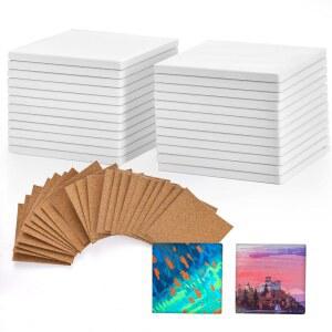COYMOS 공예용 세라믹 타일 24개 코스터 - 백 인치) 붓기 패드 (4x4 포함 코르크 아크릴 DIY 잉크, 알코올 그림,