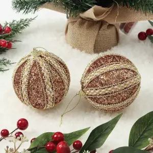 로즈골드 글리터 장식볼 2p 10cm 세로리본 트리장식 크리스마스 크리스마스장식 트리장식