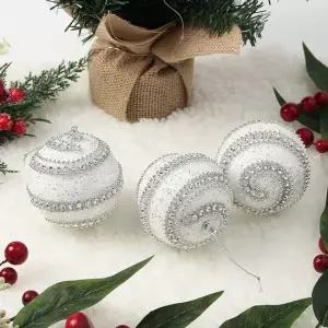 실버화이트 글리터 장식볼 3p 8cm 더블라인 크리스마 크리스마스 크리스마스장식 트리장식