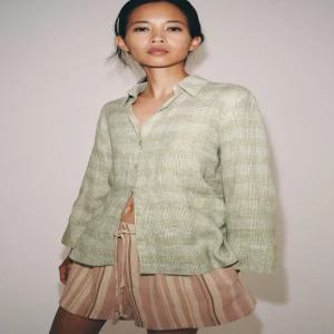 ZARA ZW 컬렉션 100% 린넨 체크 셔츠 - 초록 6094/045/500