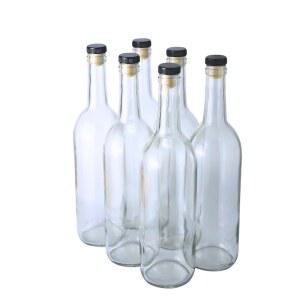 패스트랙 750ml 투명 와인 병, 코냑 코르크 6개 포함 (플라스틱 탑 6개 팩) 보르도 병 / 플린트 플랫 바텀 코르크 탑 | 와인 제조 및 보관에 이상적