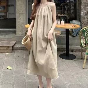 셔링 A라인 민소매 롱원피스 뒷트임 봄여름 바캉스룩 나시원피스 비치룩 (WF303C5)