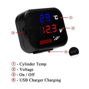 KOSO 실린더 헤드 온도 게이지 바이크 오토바이 범용 볼트 핸드폰 USB 충전 3in1 미니 LCD 디지털미터
