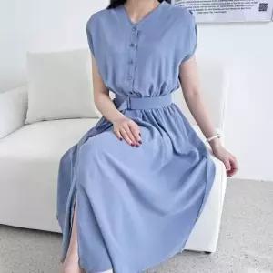 하객원피스 셔링 캡 소매 허리 벨트 여리핏 브이넥 롱원피스 세트