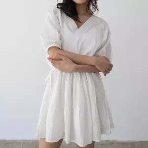 [옷자락]여자 시스루 브이넥 퍼프 허리끈 캉캉 면 미니원피스