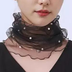 린넨스카프 진주장식 망사 넥워머 스카프 목주름 커버 자외선차단