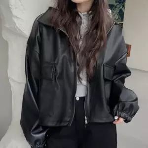 친절한탄씨 투웨이 크롭 레더 자켓 루즈핏 숏자켓 가죽점퍼 가죽자켓 인조가죽 페이크레더 오버핏