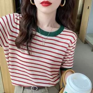 [하프클럽/]에쁘고 편한 배색 스트라이프 반팔 여름 니트