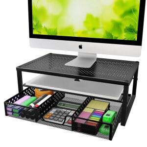 노트북, 컴퓨터, iMac, 블랙용 서랍이 있는 심플한 트렌드 메탈 모니터 스탠드 라이저 및 컴퓨터 책상 정리함