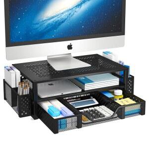 심플한 트렌딩 데스크 정리함 및 액세서리, 노트북, 컴퓨터, iMac, 블랙을 위한 서랍 및 펜 홀더가 있는 2단 컴퓨터 메탈 모니터 스탠드 라이저