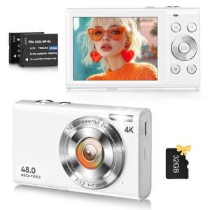 디지털 카메라, 16배 디지털 줌, 48MP 컴팩트 포인트, 32GB SD 카드, 배터리 2개로 10대 성인용 디지털 카메라 촬영용 유튜브 오토포커스 카메라 4K 브이로그 카메라