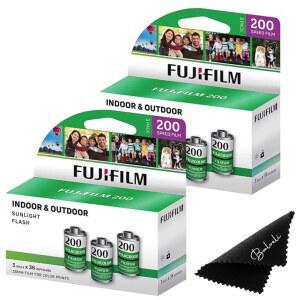 후지필름 200 35mm 필름 번들, 롤 6개(2x3 팩) 36개씩 포함, 프리미엄 발벨리 극세사 클리닝 천 - 후지 35mm 필름 롤 필름 카메라 35mm - 후지 200 포함