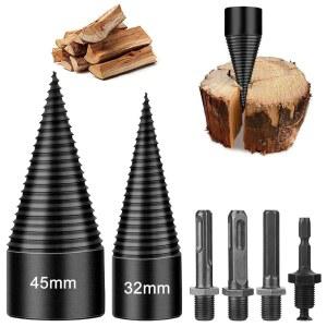 6개의 나무 스플리터 드릴 비트, 45mm+32mm 장작 통나무 스플리터 킨들 분리형 디자인, 헤비 듀티 전기 드릴 나사 콘 드라이버 탈착식, 나무 분할 쐐기 도구